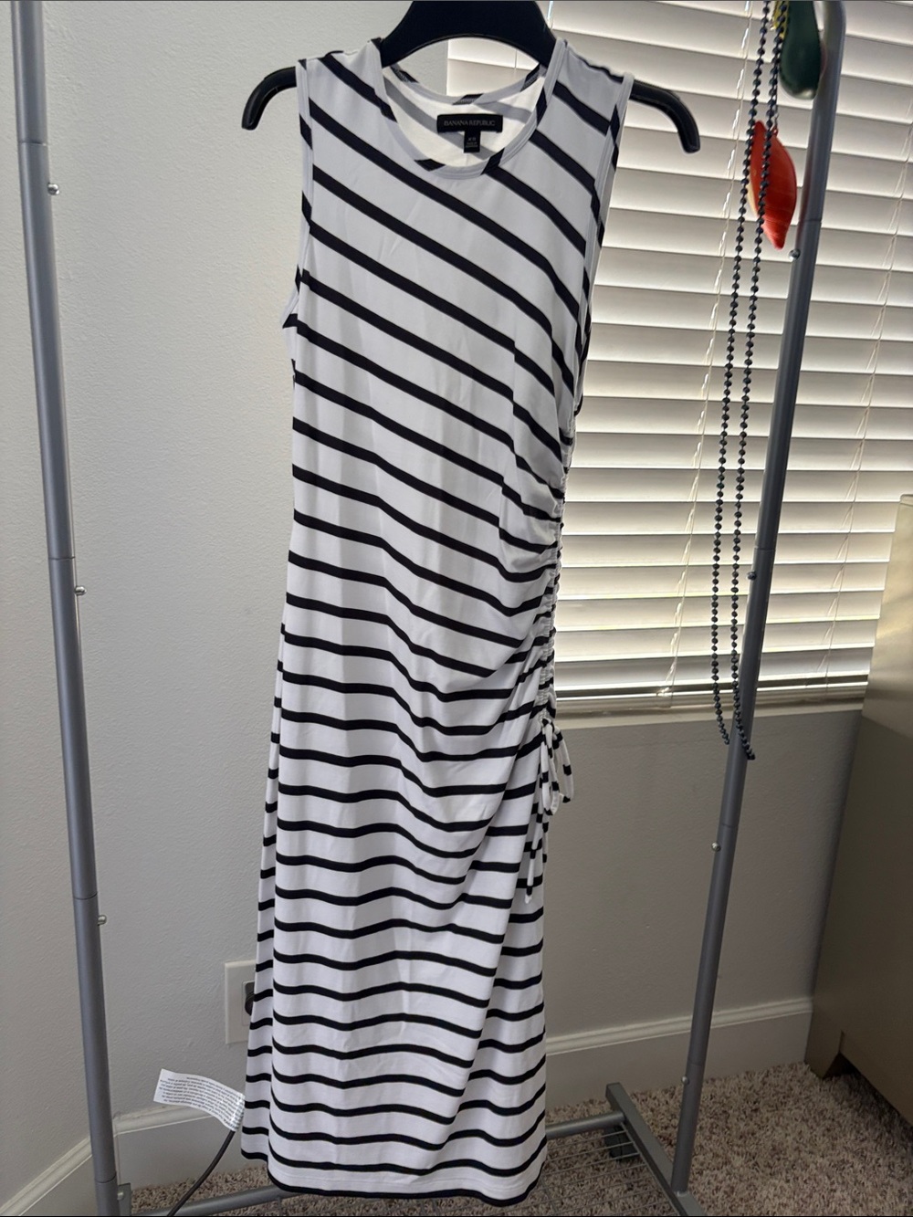 Banana Republic Black & White Sleeveless Striped Midi Dress with Side Ruching